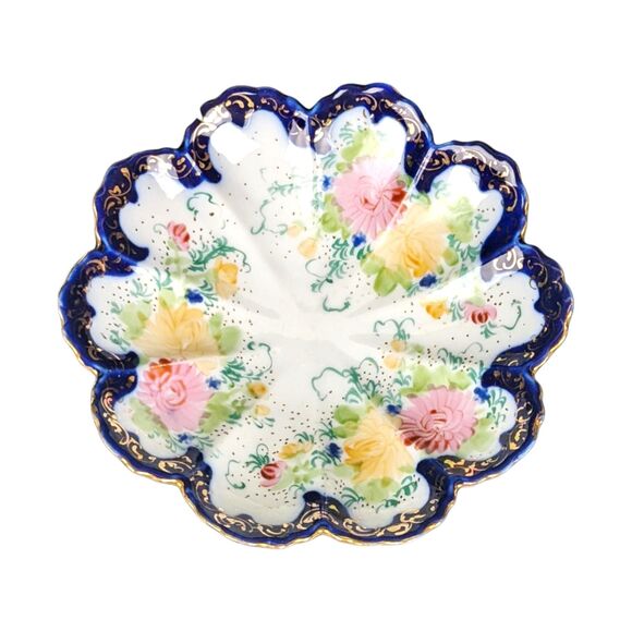 Vintage Hand-Painted Floral Porcelain Bowl: Cobalt Blue & Gold Trim - Picture 4 of 7
